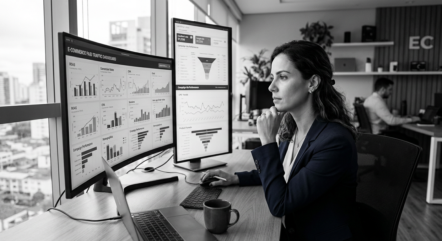 Estrategista analisando métricas de gestão de tráfego pago para e-commerce em painel digital de alta tecnologia