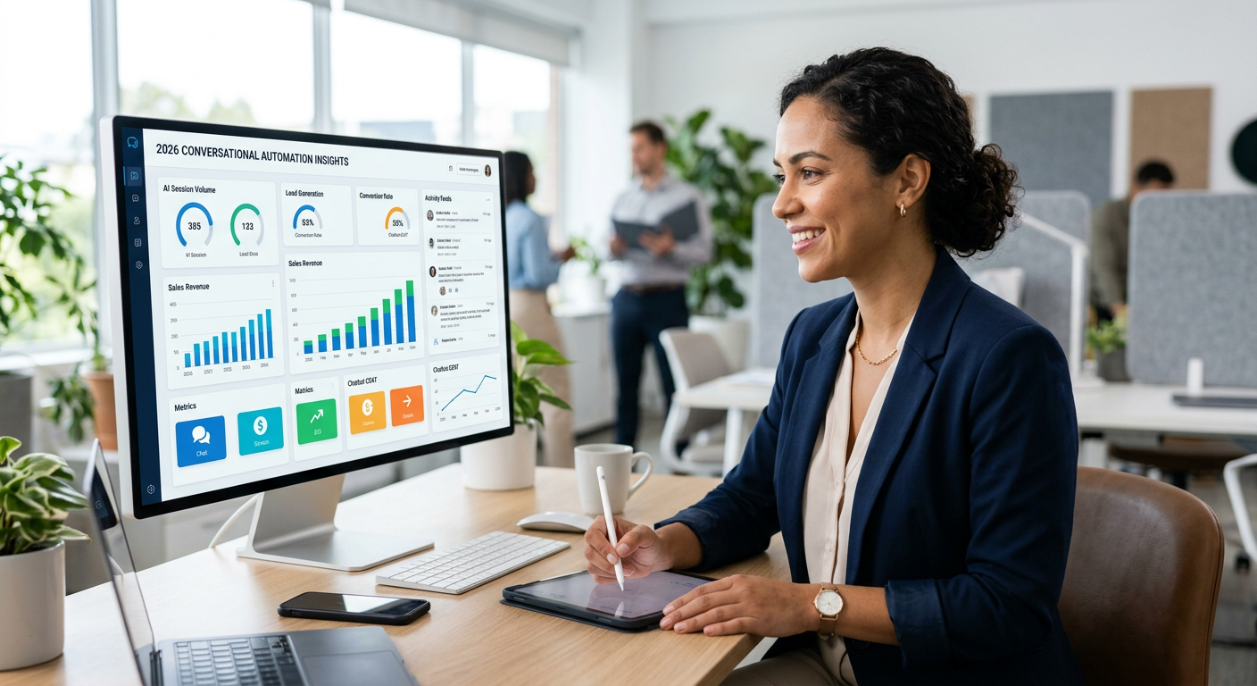 Dashboard moderno mostrando métricas de automação conversacional e vendas em 2026