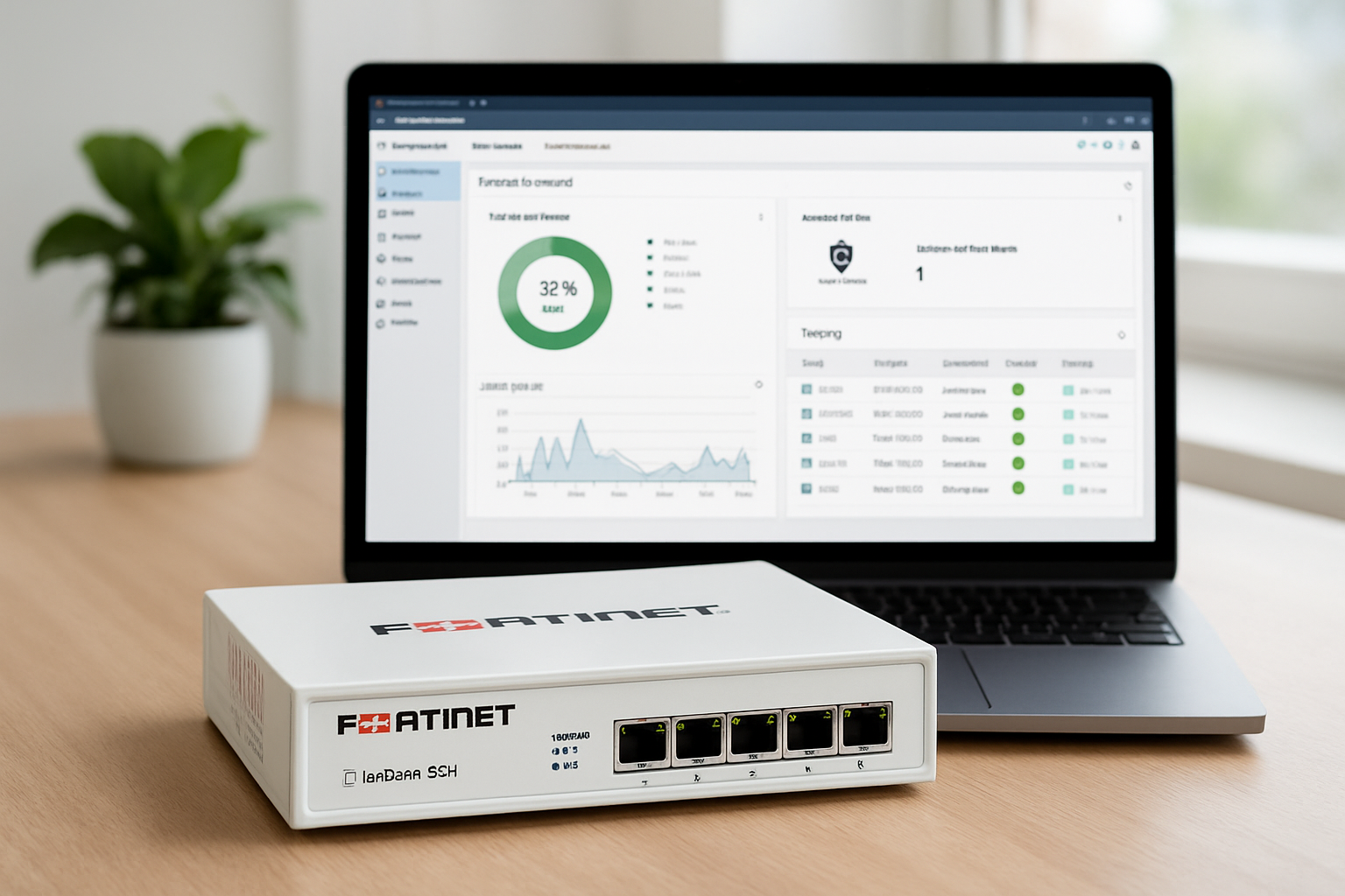 Painel de gerenciamento de firewall FortiGate 30G mostrando monitoramento e políticas de rede