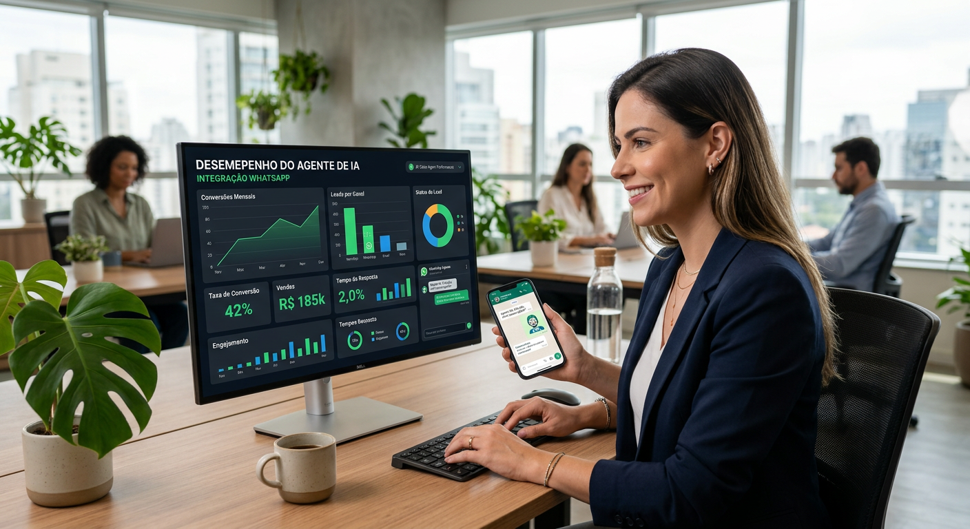 Dashboard de vendas moderno mostrando métricas de um agente de IA para vendas integrado ao WhatsApp