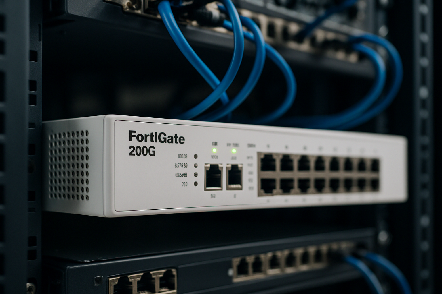 Dispositivo FortiGate 200G em um rack de servidor, simbolizando segurança de rede avançada para empresas em 2026.