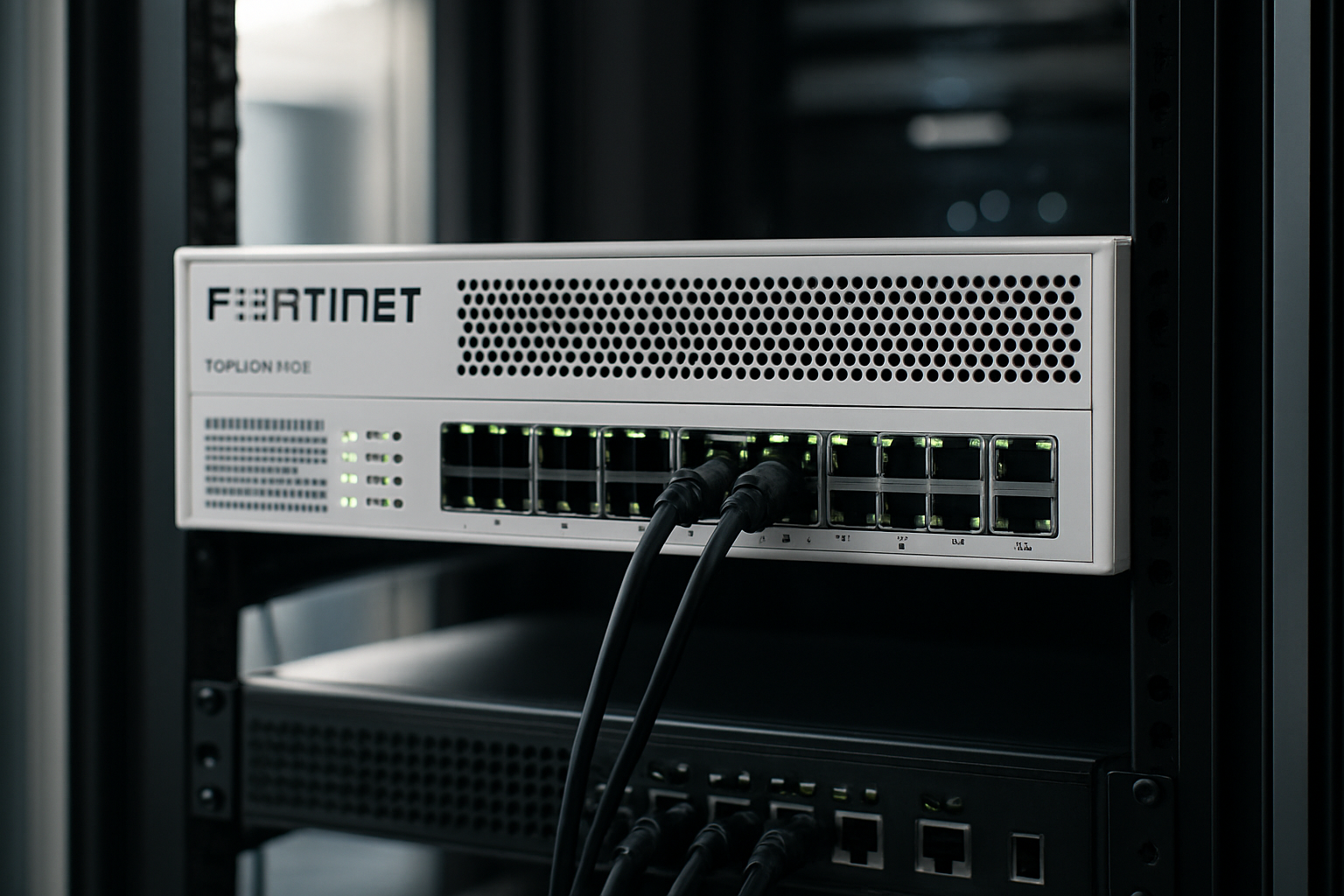 Rack de datacenter com appliance FortiGate FG 400F exibindo painéis de status e conexões