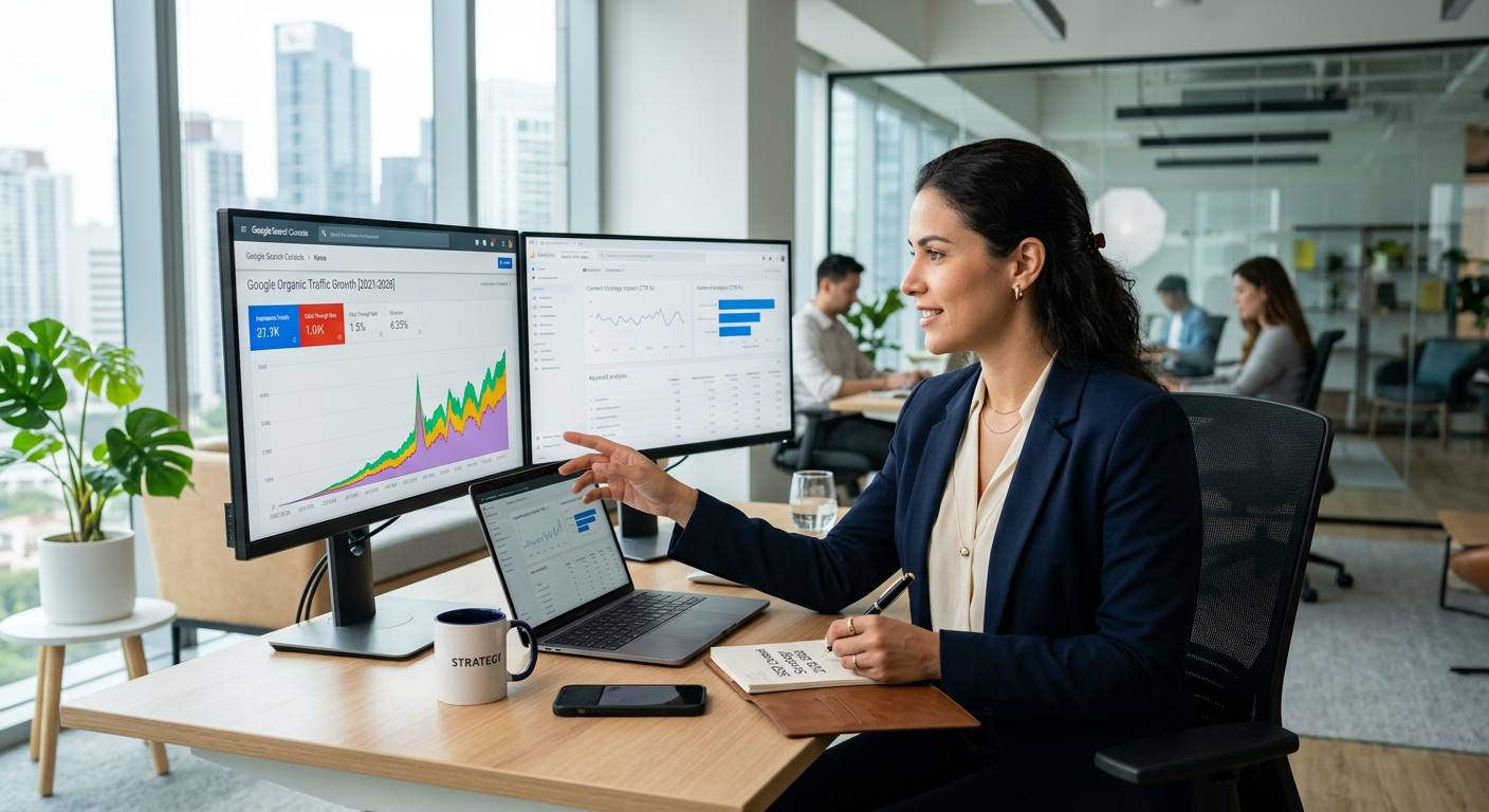Estrategista digital analisando gráficos de crescimento para saber como dominar o Google com conteúdo em 2026