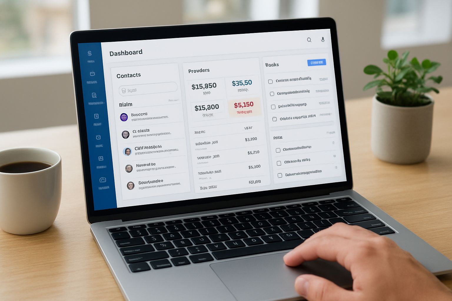 Unified dashboard of an all-in-one CRM software for small business showing contacts, invoices, and tasks
