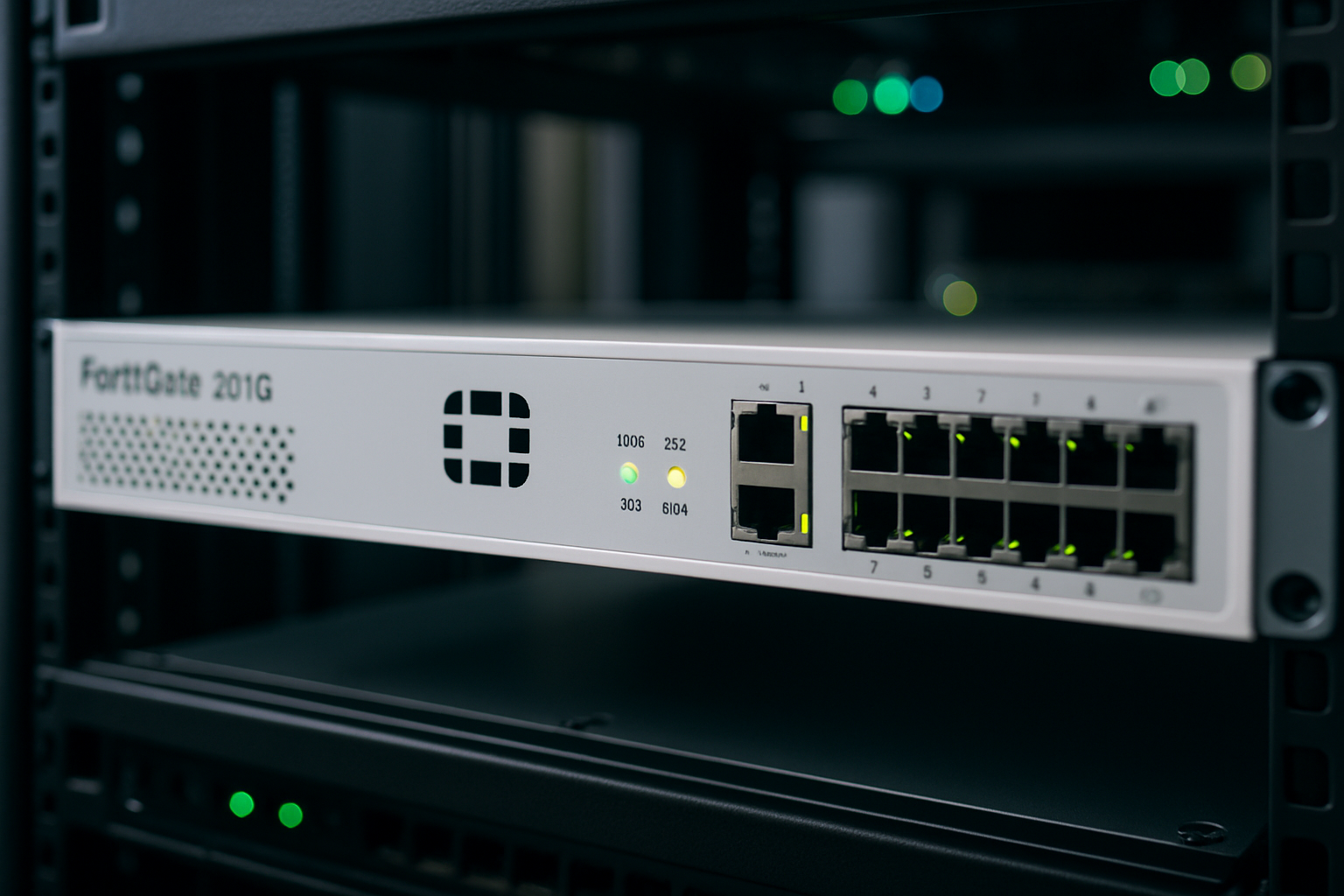 FortiGate 201G, firewall de próxima geração, em um rack de servidor, com luzes indicadoras de status.