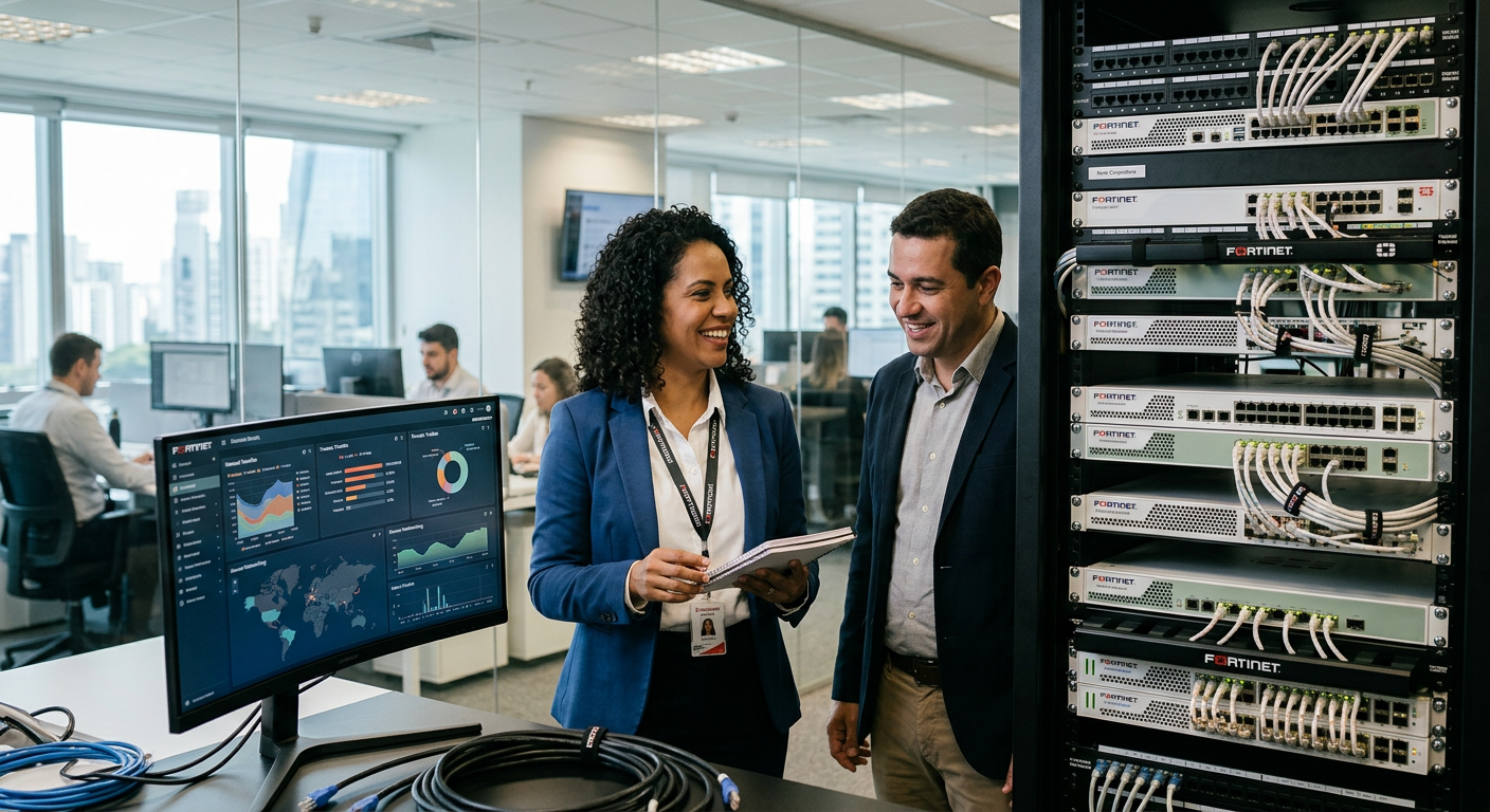 Infraestrutura de rede protegida por soluções Fortinet Brasil em um ambiente corporativo moderno de 2026