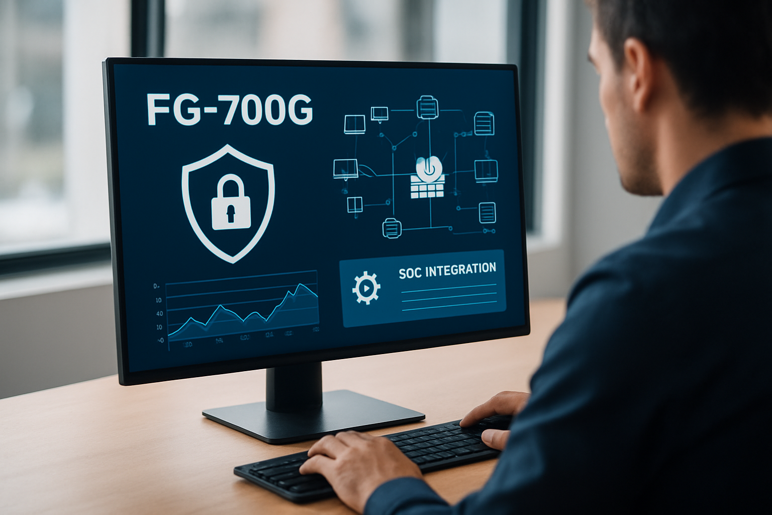 Painel de segurança do FG 700g protegendo rede corporativa com integração SOC