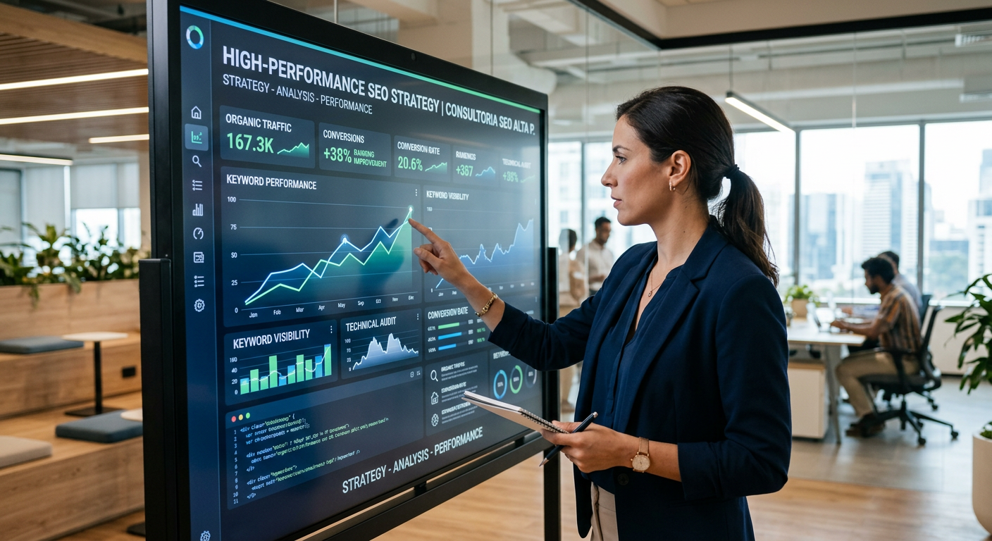 Estrategista analisando métricas de consultoria SEO de alta performance em um painel digital moderno | consultoria SEO alta p