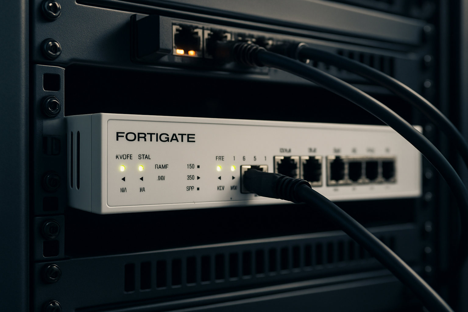 Dispositivo FortiGate FG 81F-POE em um rack de servidor, representando segurança de rede avançada para 2026.