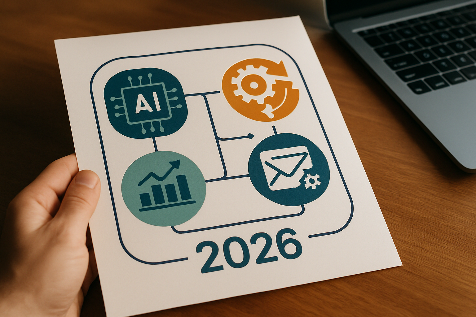 Diagrama de uma stack martech moderna com ícones de IA e automação interconectados, representando o ano de 2026.