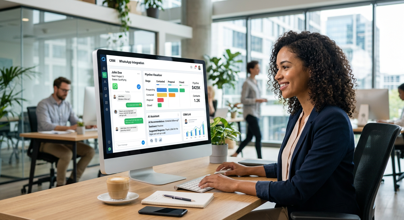 Interface moderna de um dashboard de CRM integrado ao WhatsApp com elementos de inteligência artificial | whatsapp com crm e 
