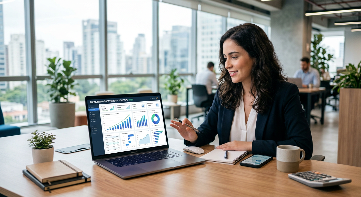 Modern digital dashboard showing accounting software for startups 2026 with financial charts