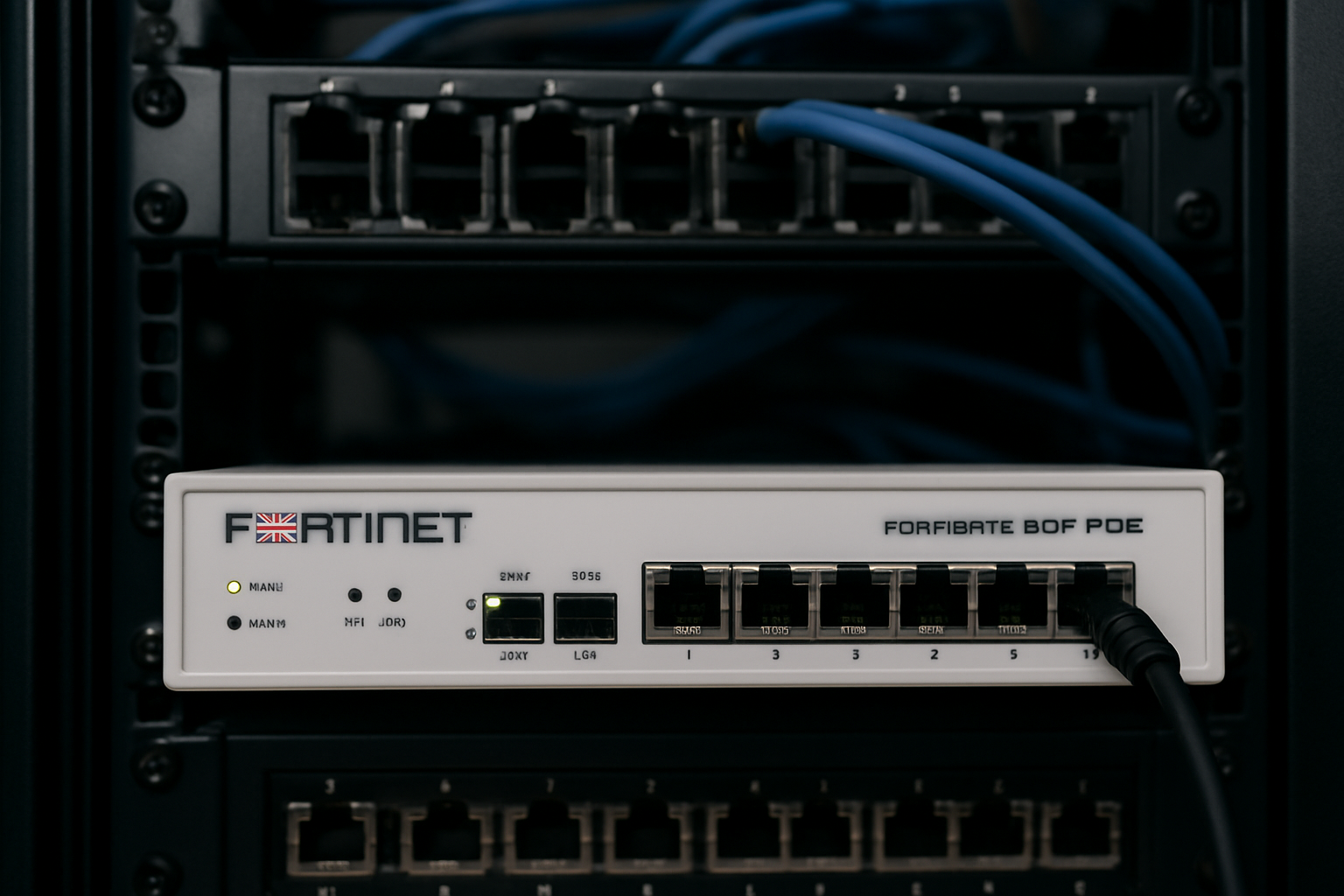 Dispositivo FortiGate 80F-POE em um rack de servidor, simbolizando cibersegurança robusta para empresas.