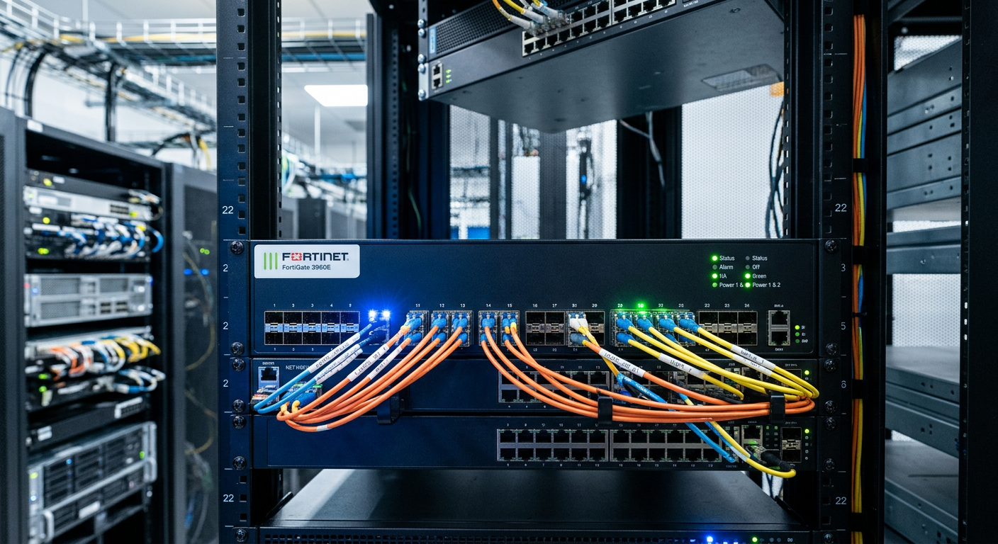 Painel frontal do firewall FortiGate 3960E em um rack de data center moderno com luzes de status ativas