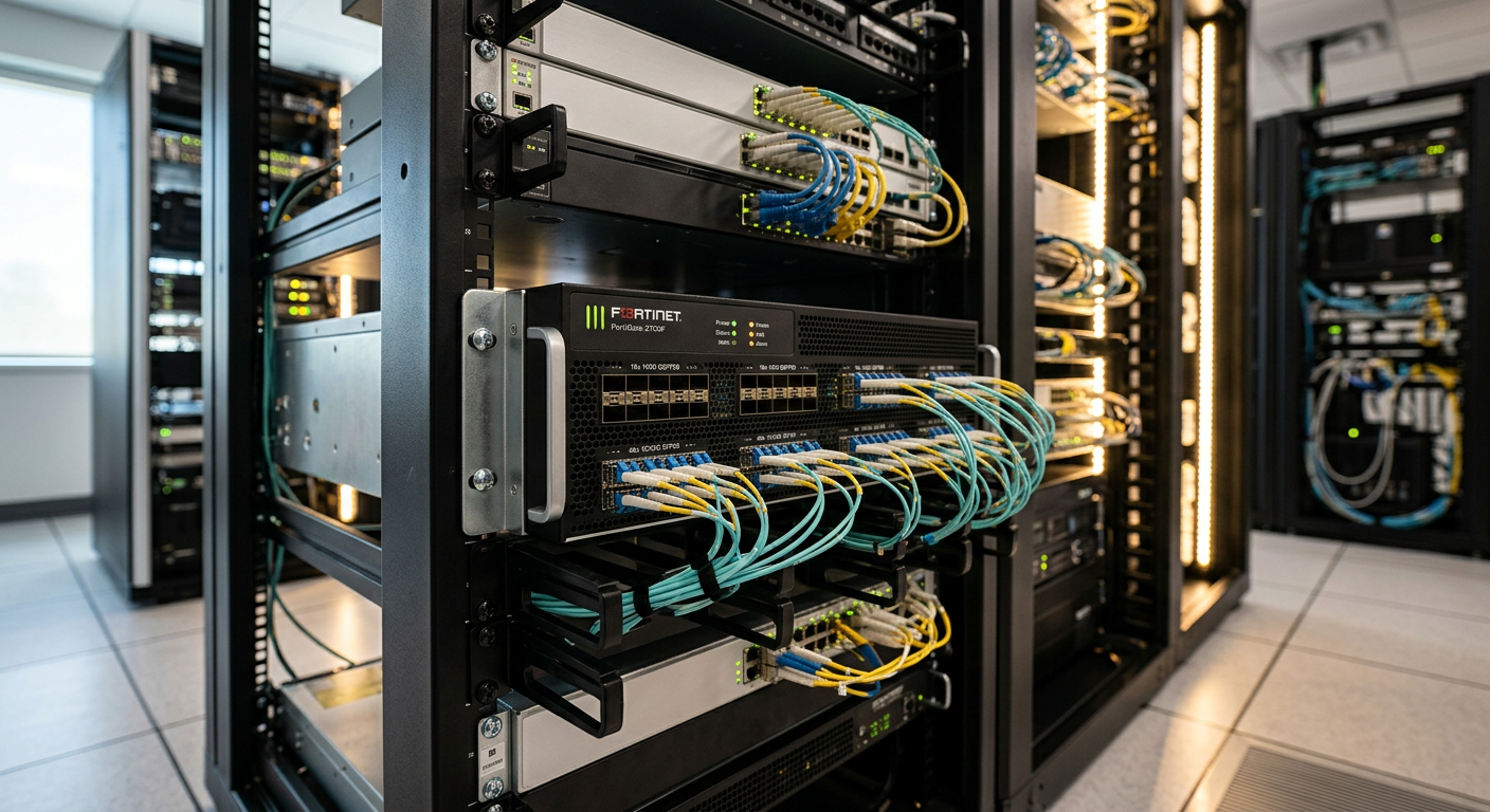 Firewall FortiGate 3700F em um rack de data center moderno destacando sua robustez e conectividade de alta velocidade