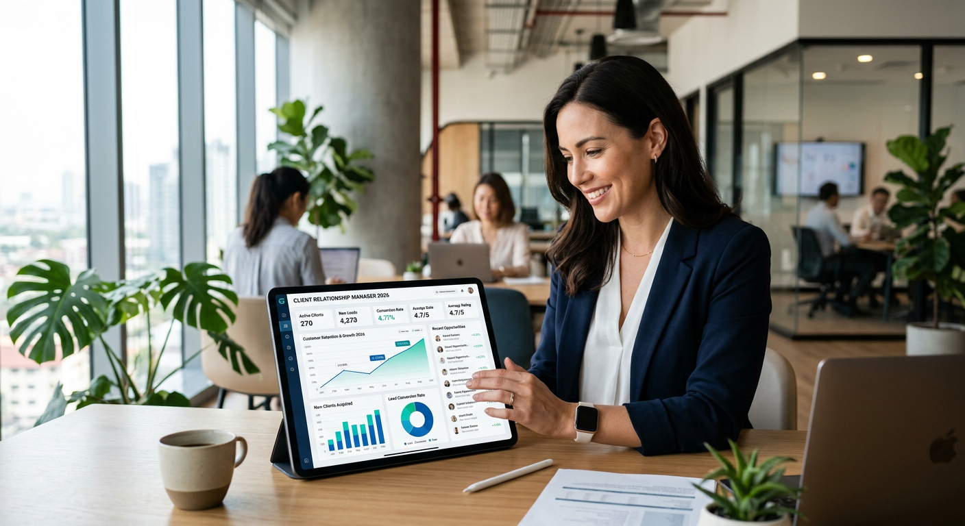 A professional dashboard of a customer management system showing growth metrics and client data in 2026