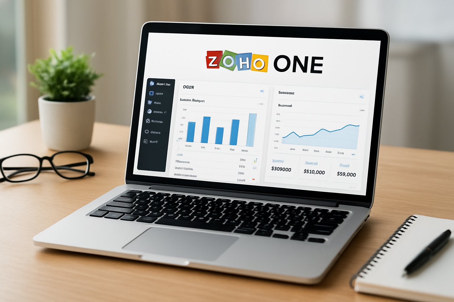 All-in-one business management dashboard showing CRM and finance panels with Zoho One keyword