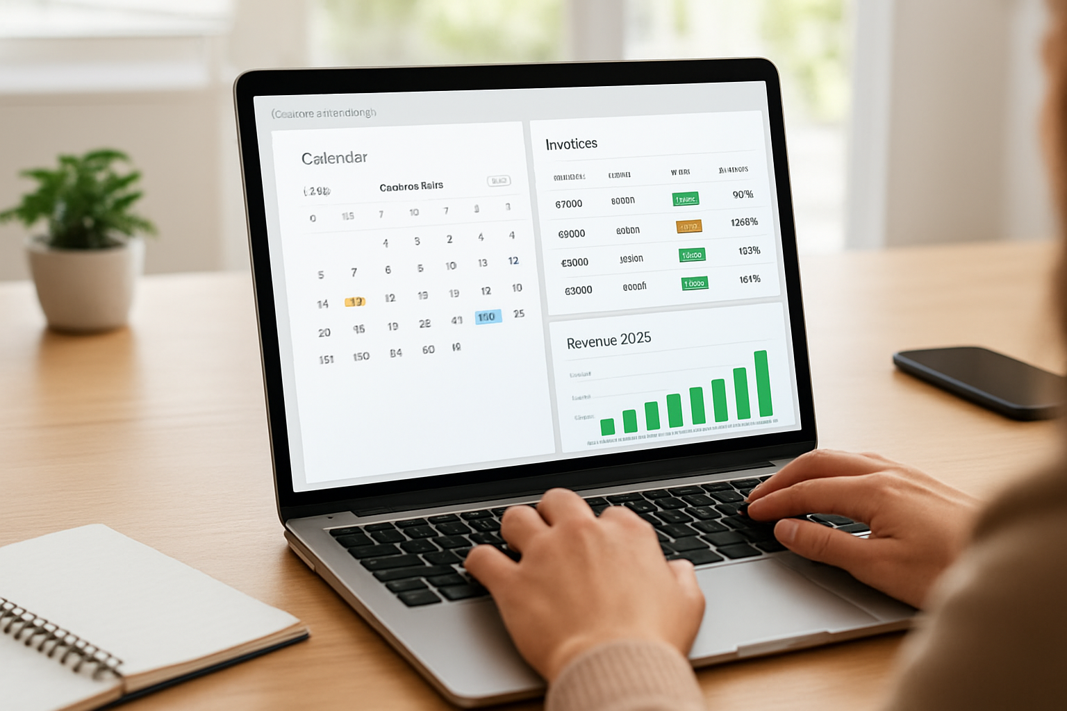 dashboard view of small business scheduling and invoicing software showing calendar, invoices and revenue 2026