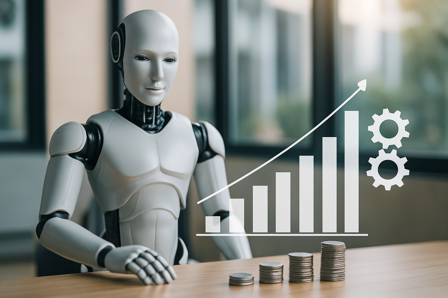Robô com gráficos de crescimento e engrenagens simbolizando a automação de operações comerciais com IA em 2026
