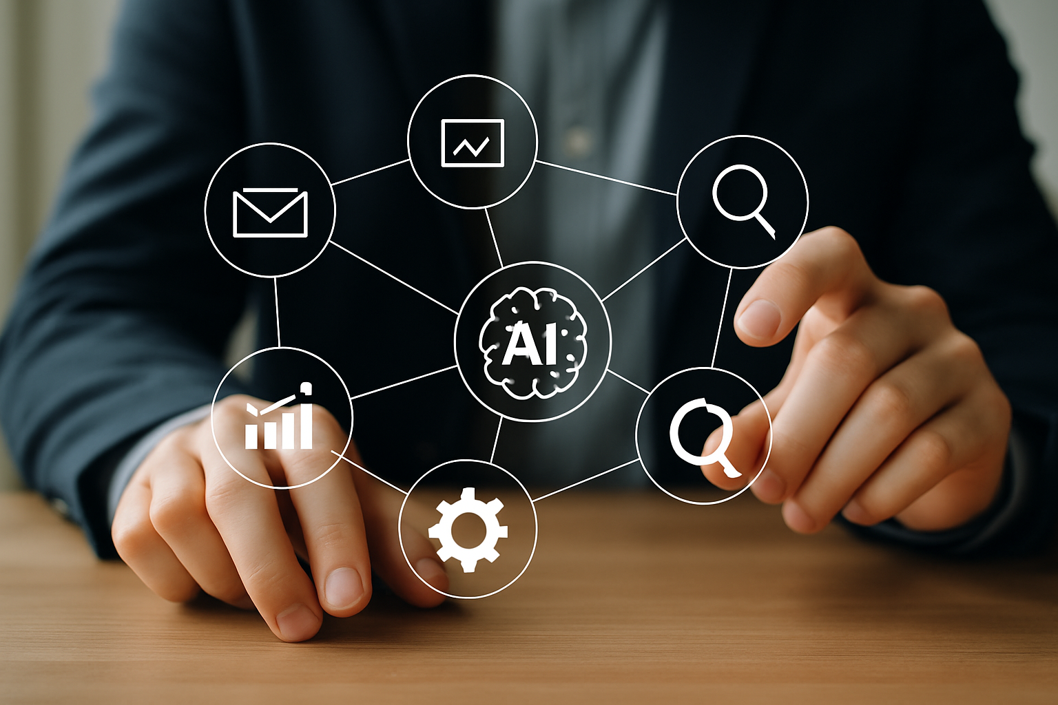 Mãos digitais conectando ícones de ferramentas de marketing e IA, representando uma stack de marketing integrada e otimizada