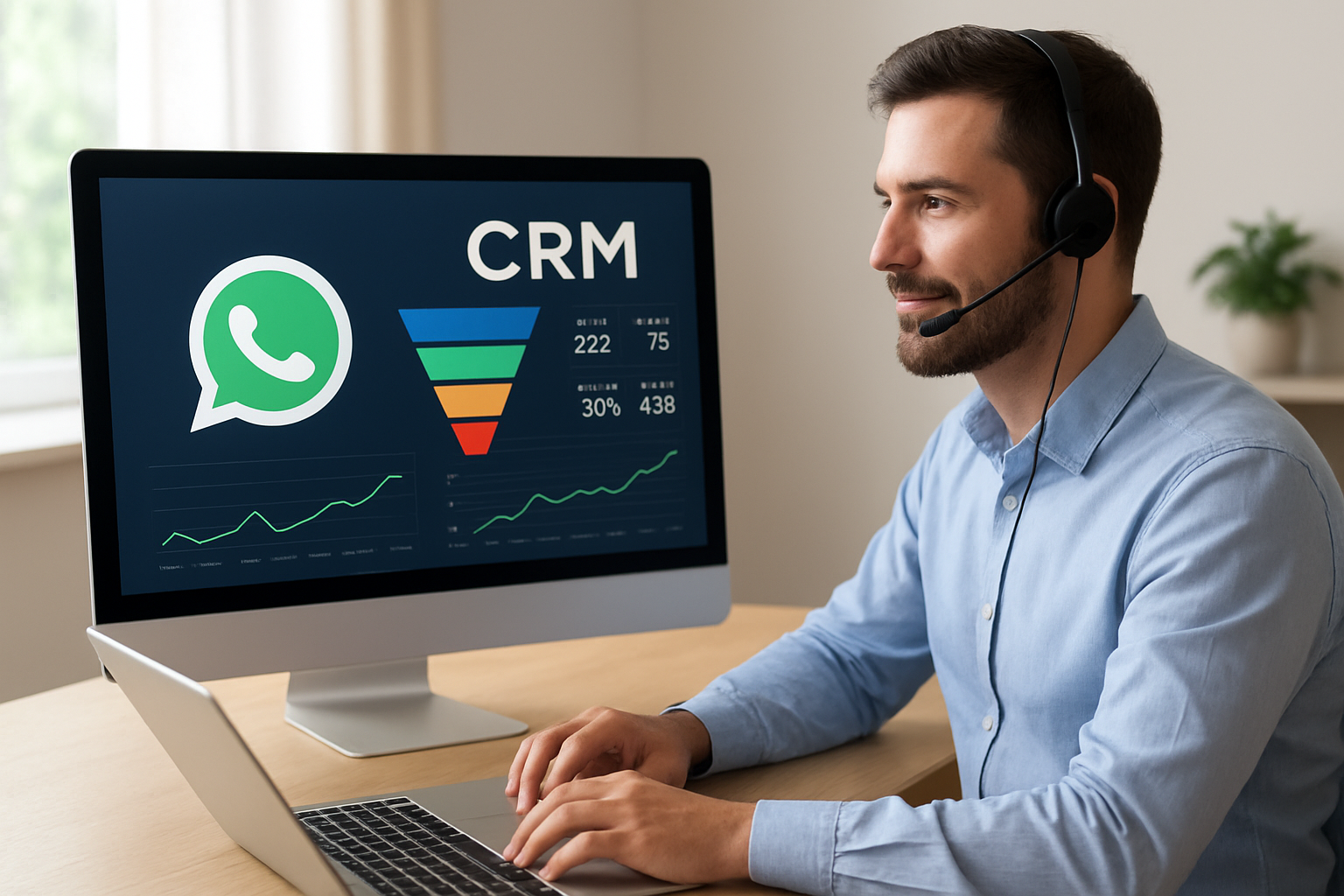 Dashboard de CRM com vendedor virtual no WhatsApp mostrando funil e métricas de vendas