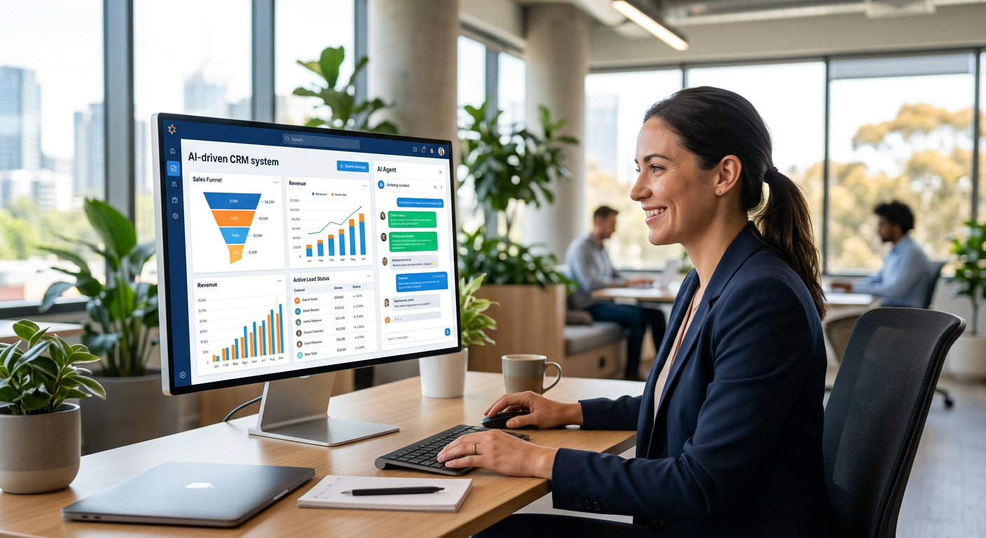 Interface moderna de um agente de IA para CRM mostrando dashboard de vendas e conversas automatizadas