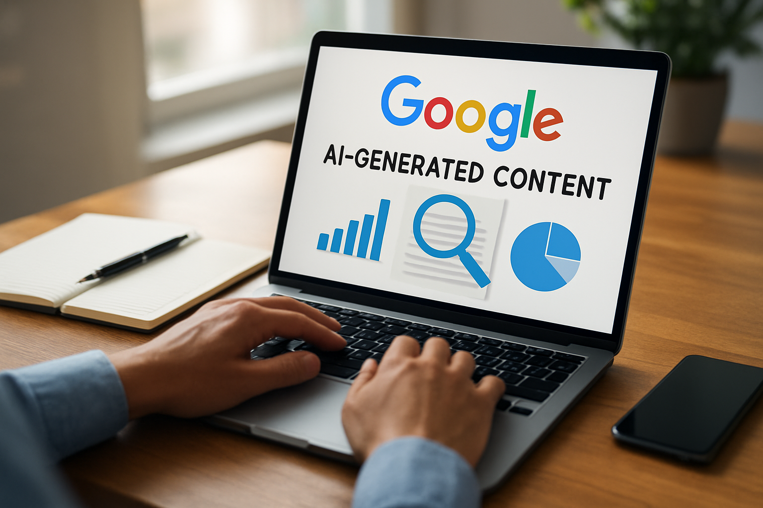 Capa explicando orientações da pesquisa Google sobre conteúdo gerado por IA com elementos de SEO