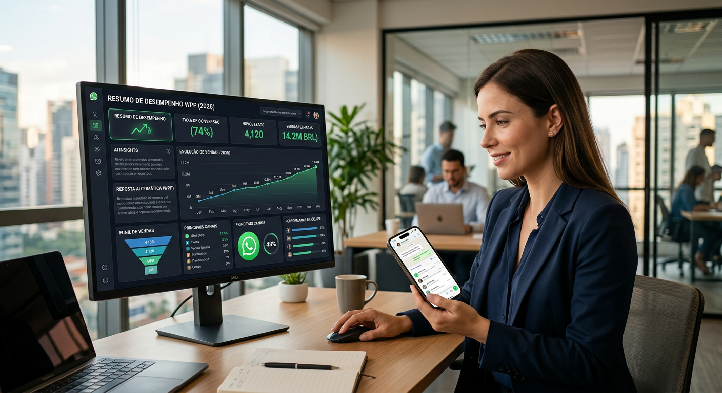 Dashboard moderno de um crm de vendas com ia no whatsapp mostrando métricas de conversão em 2026