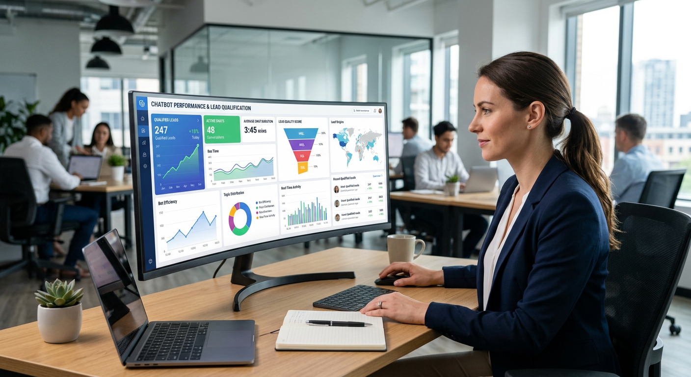Dashboard de CRM mostrando métricas de chatbot para qualificar leads em tempo real