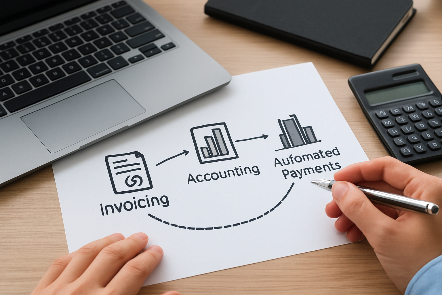workflow diagram connecting invoicing and accounting for small businesses with automated payments