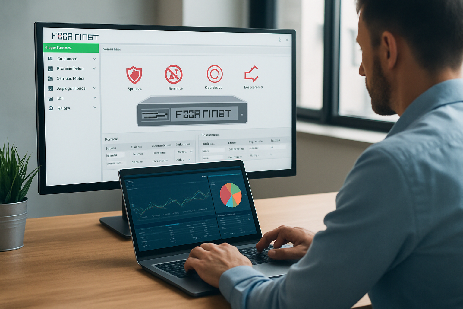 administração Fortigate em painel de firewall e monitoramento de tráfego