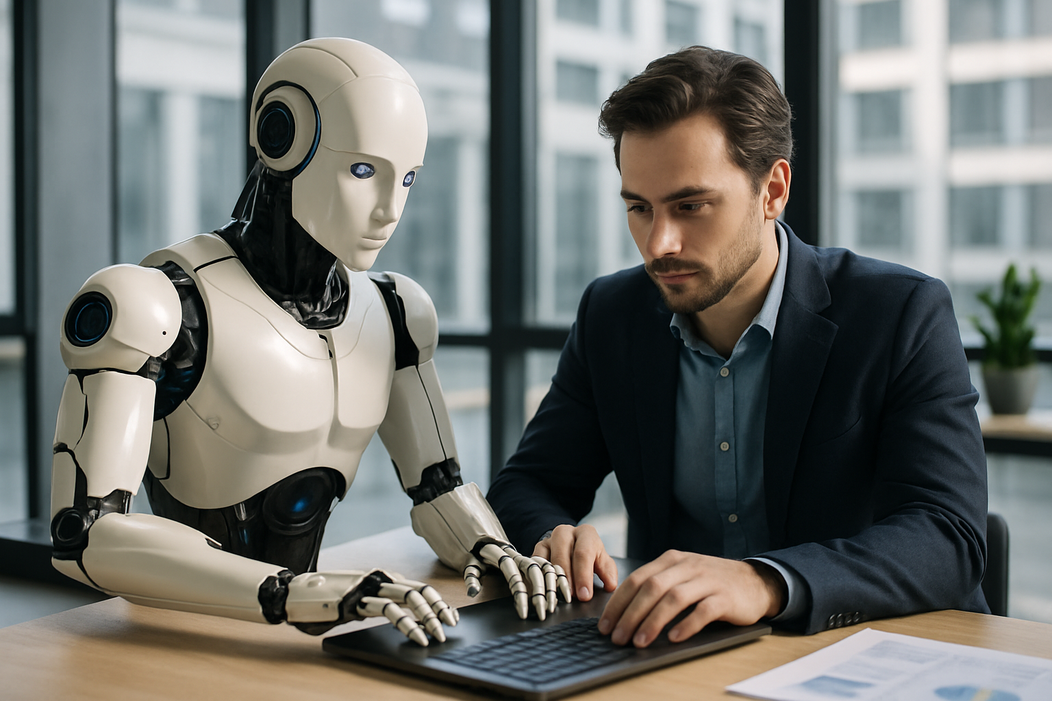 Robô e humano colaborando em um ambiente de trabalho futurista, simbolizando a inteligência artificial no mercado de | inteli
