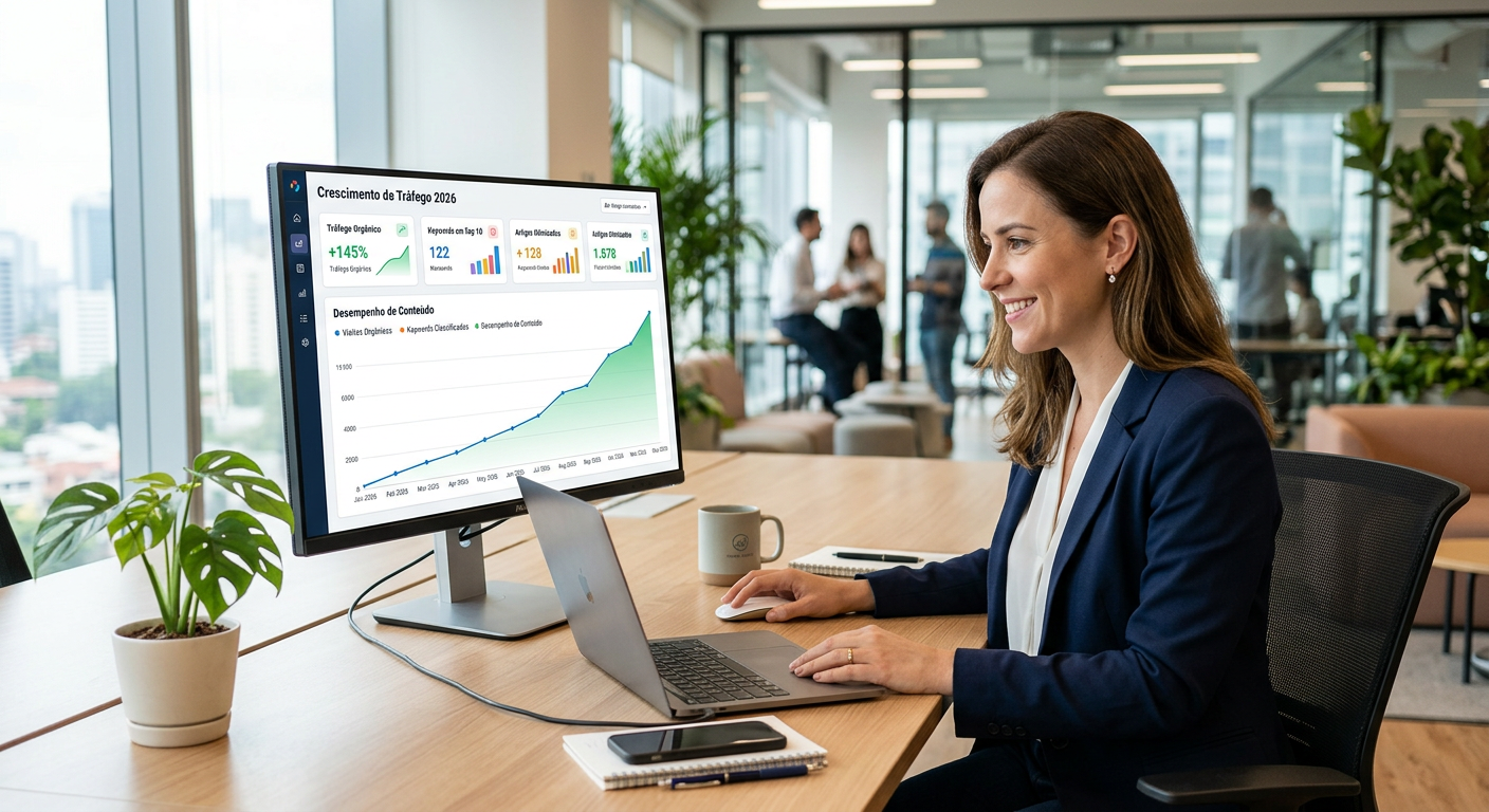 Interface moderna de solução automática para SEO e conteúdo mostrando gráficos de crescimento de tráfego em 2026