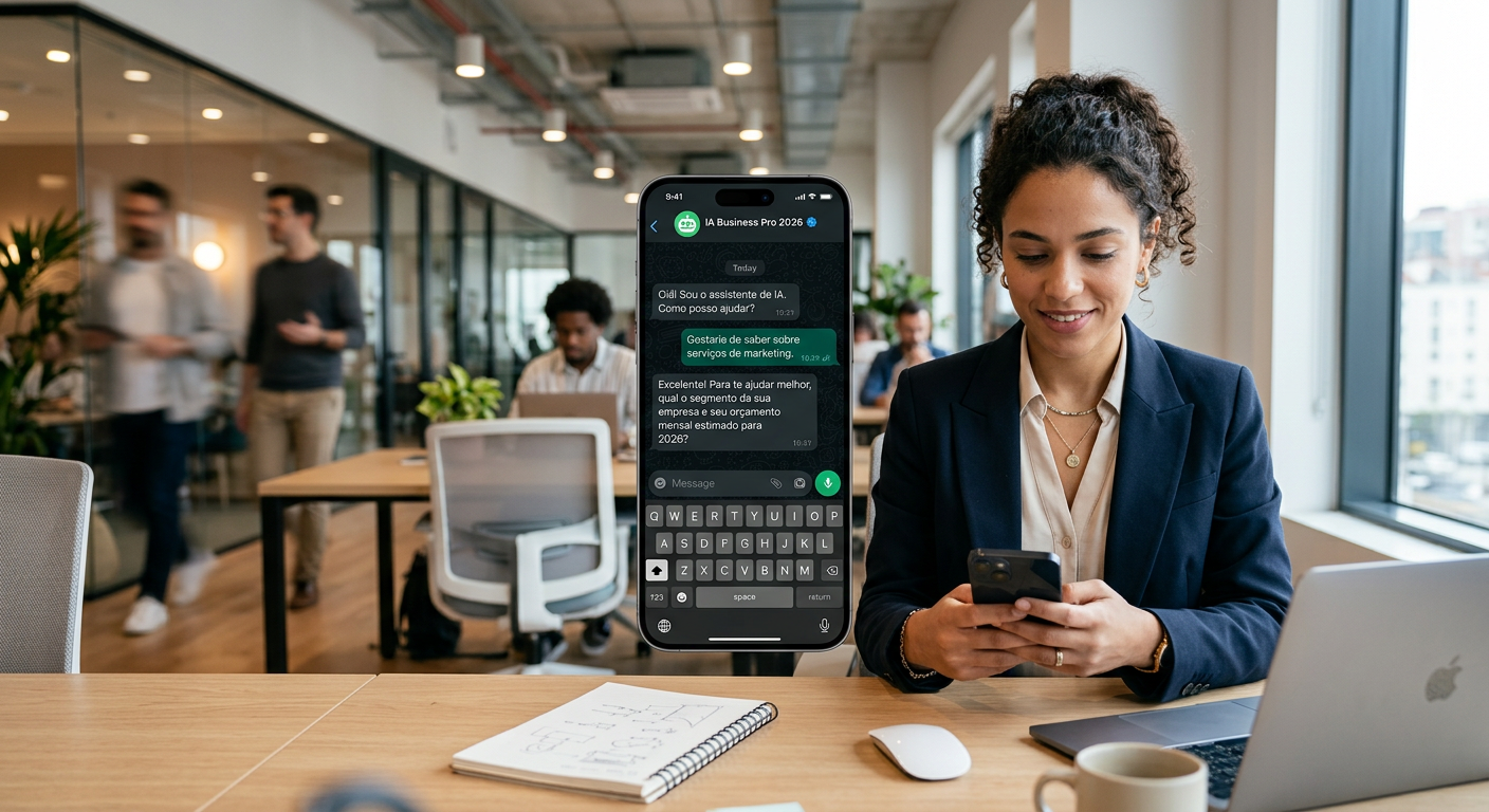 Interface de um chatbot WhatsApp com IA realizando atendimento automatizado e qualificação de leads em 2026