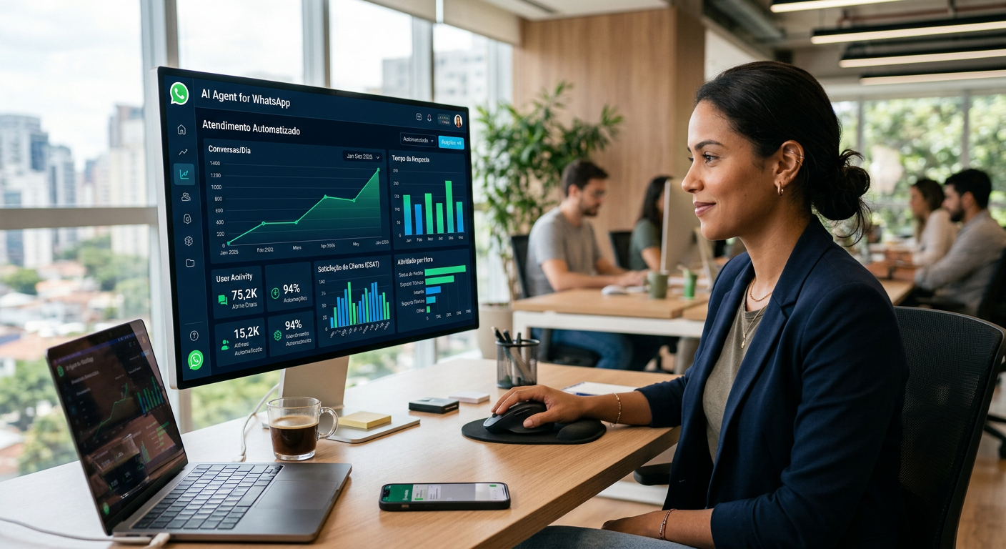Interface de um dashboard moderno mostrando métricas de um agente de IA para WhatsApp em 2026