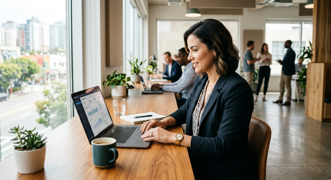Modern entrepreneur using software to streamline small business operations on a laptop in a bright office setting