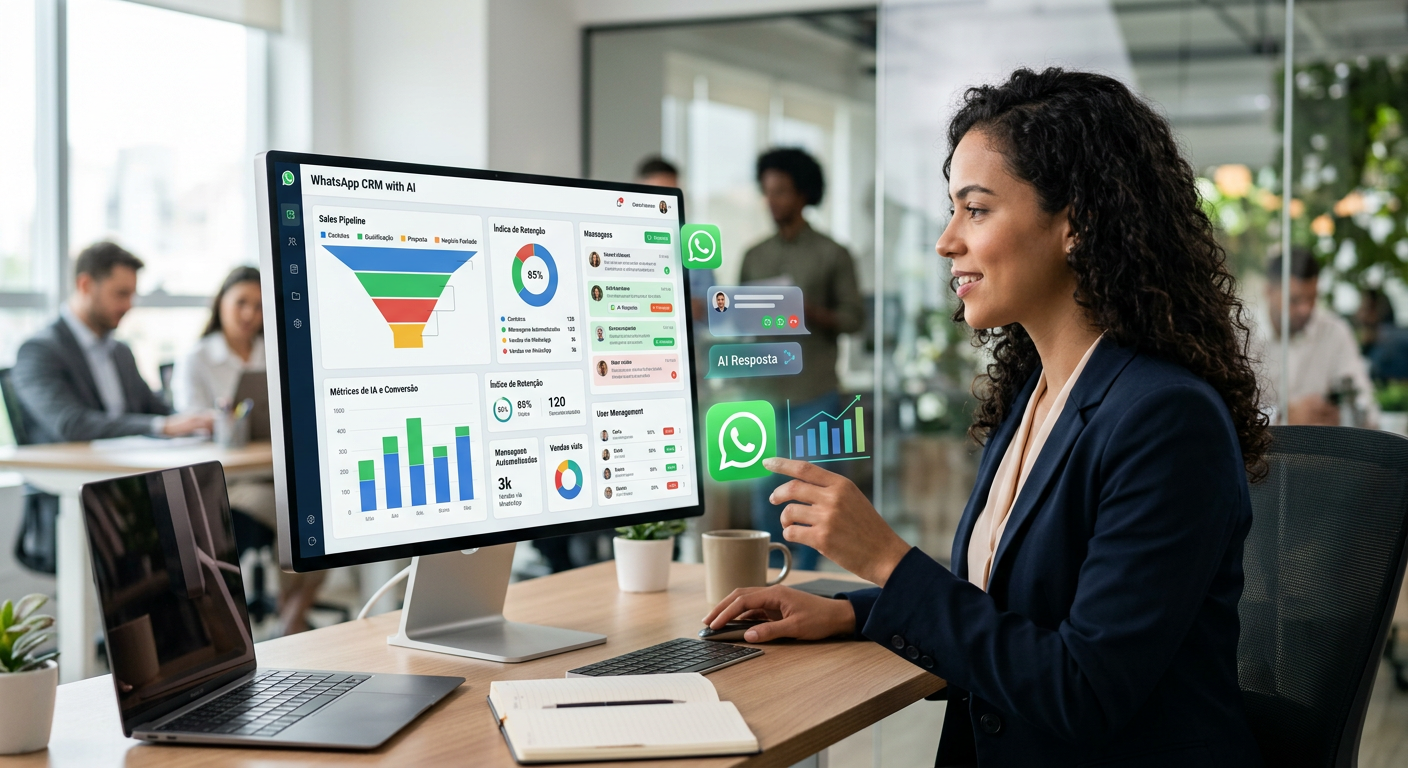Dashboard moderno mostrando métricas de um CRM integrado ao WhatsApp com IA em uma tela de alta tecnologia