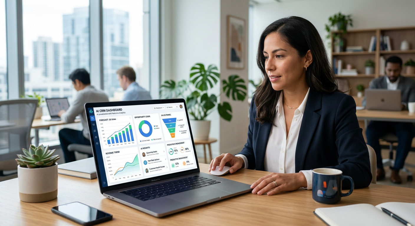 Interface moderna de um CRM com inteligência artificial exibindo gráficos preditivos e análise de dados de vendas