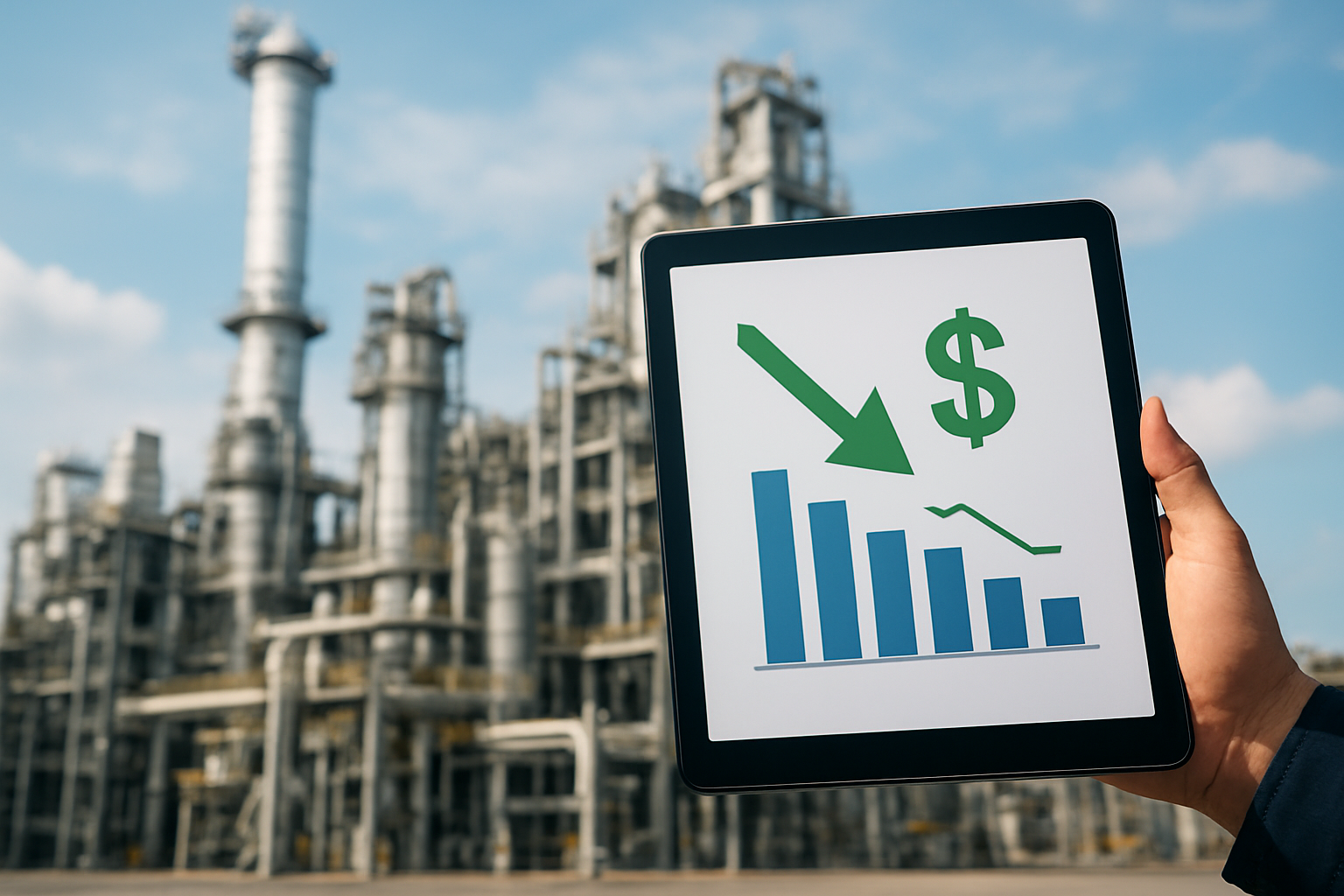 planta industrial com painel de gestão mostrando redução de custos com energia