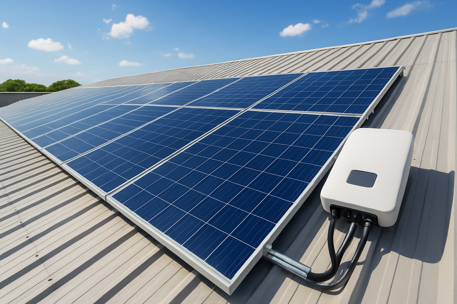 sistema de energia solar fotovoltaica em telhado industrial mostrando painéis e inversor como funciona energia solar | como f