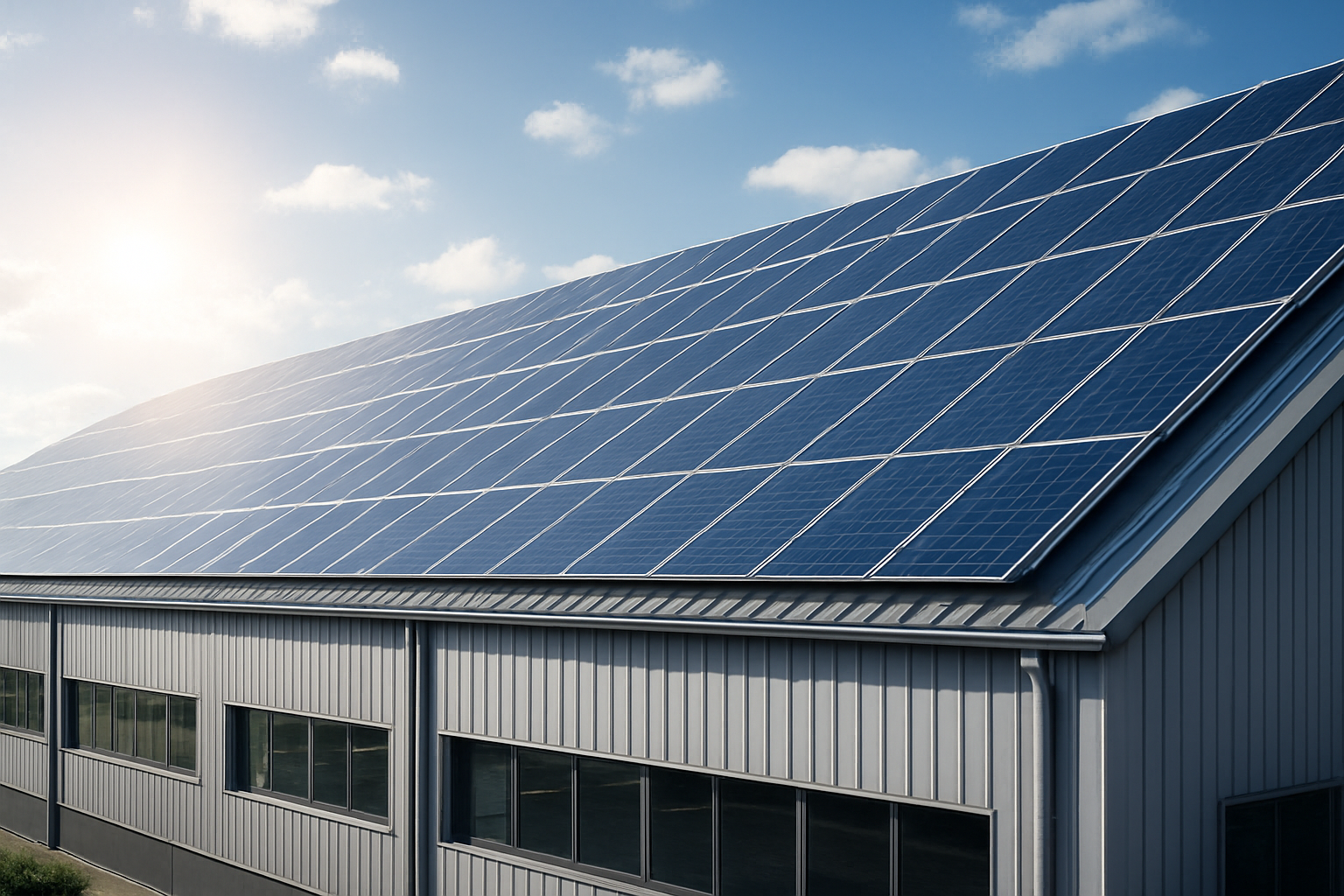Fachada industrial com sistema de energia solar fotovoltaica instalado gerando energia