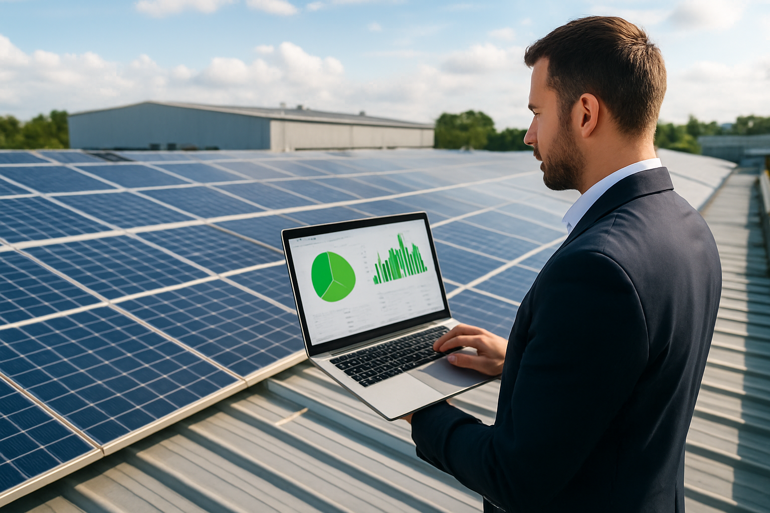 sistema solar em telhado industrial com painel de monitoramento consultoria em energia renovável