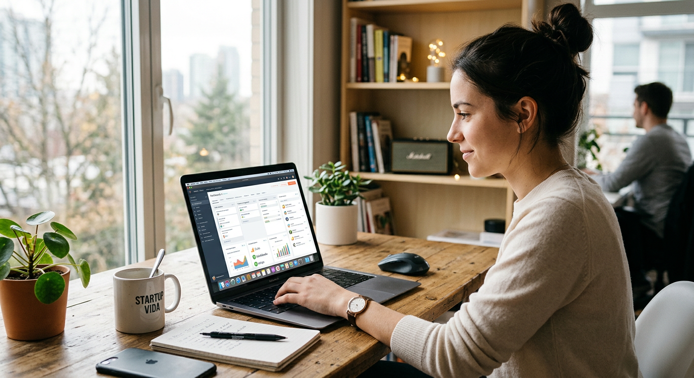 A modern digital workspace showing various small business applications for startups on a laptop screen