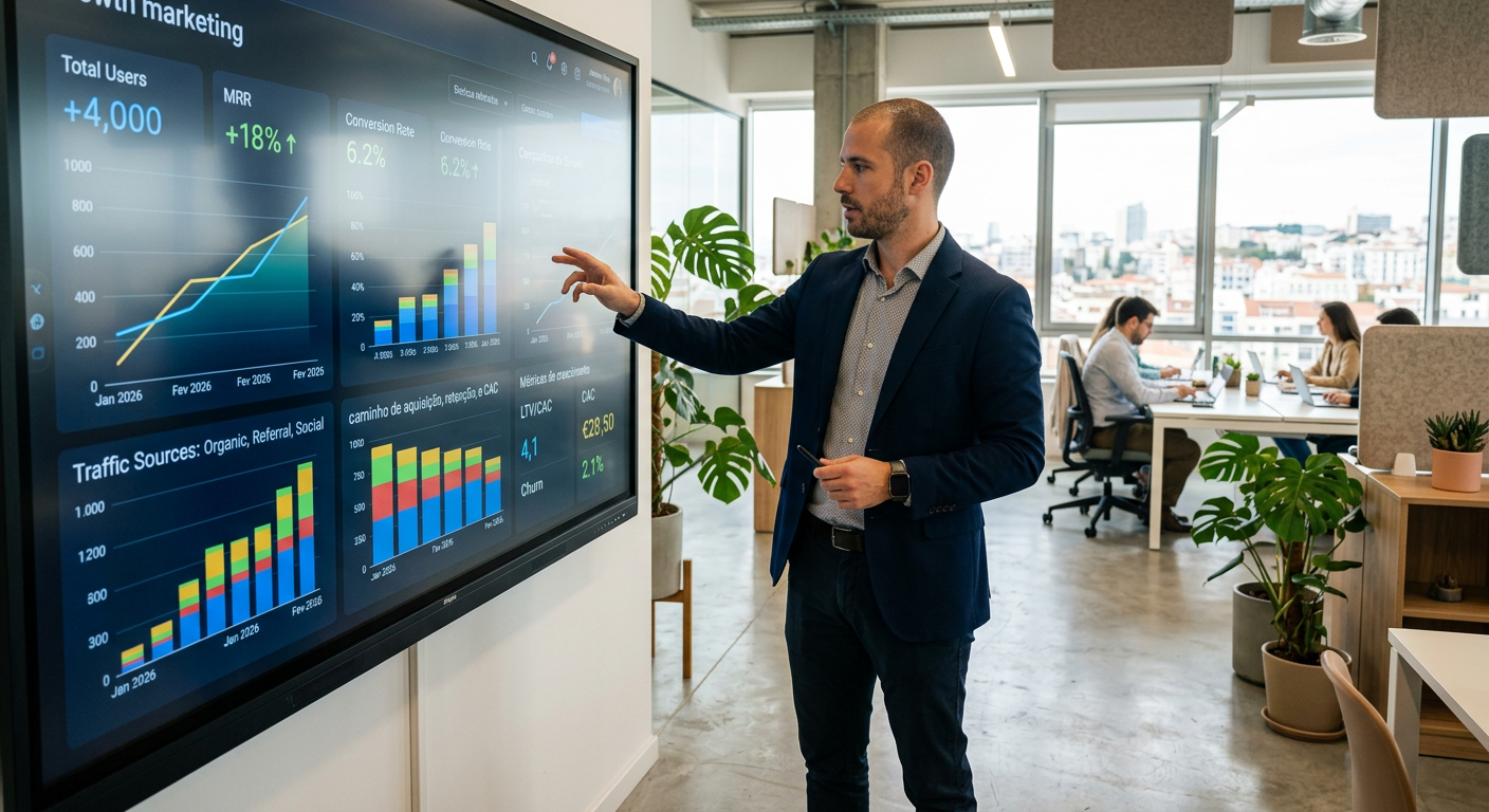 Empresário analisando gráficos de growth marketing e métricas de crescimento em uma tela digital em 2026
