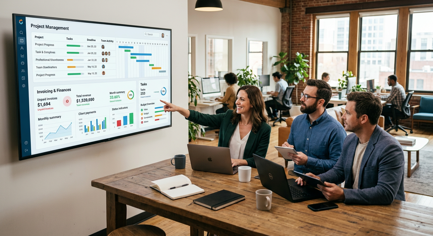 Professional dashboard showing project management and invoicing solutions for SMBs in a modern office setting