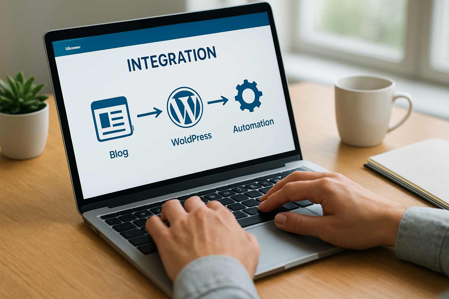 Painel de integração mostrando como conectar plataforma de blog ao WordPress e automação 2026