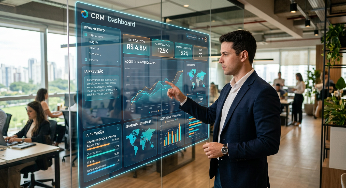 Empresário analisando métricas de CRM em um painel digital com inteligência artificial em 2026