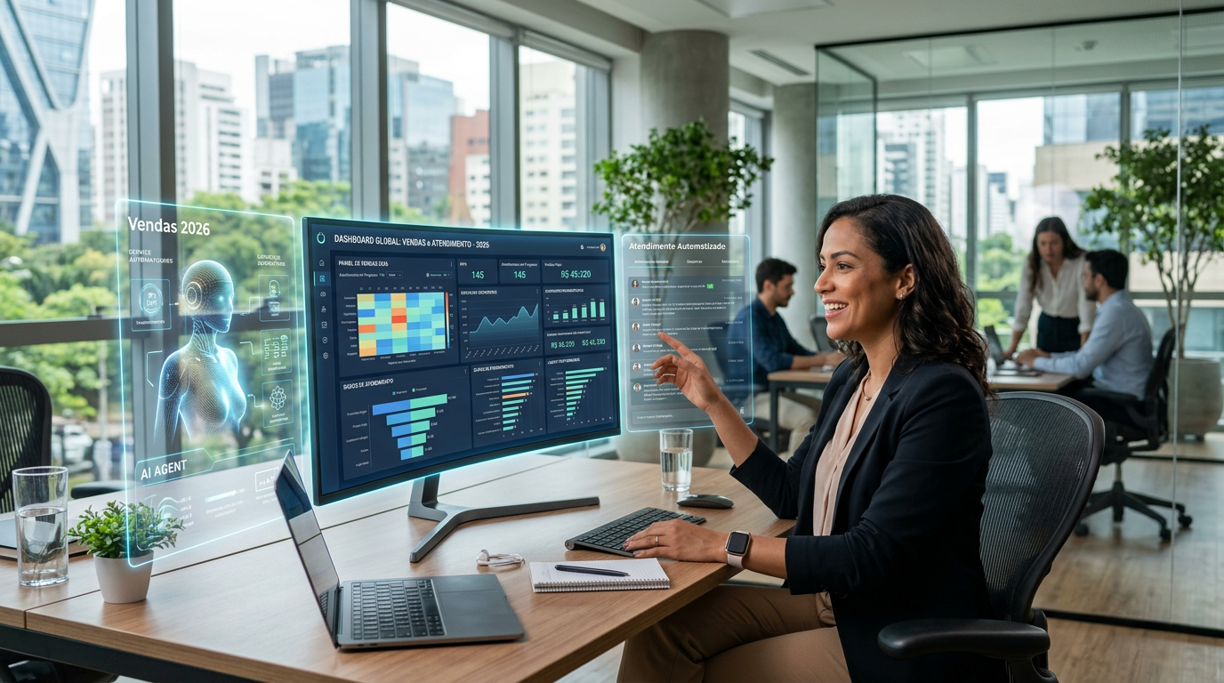 Agente de IA para empresas operando dashboard de vendas e atendimento automatizado em 2026