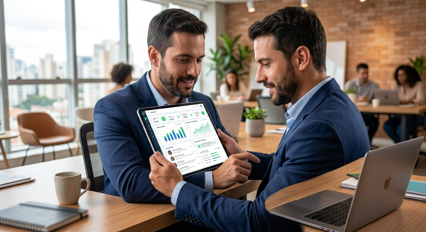 Empresário analisando métricas de vendas em um CRM com IA no WhatsApp em um tablet moderno