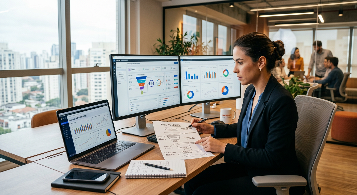 Especialista analisando fluxo de dados em uma consultoria martech para otimização de vendas